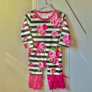Pretty Pink Floral/Black & White Striped Romper - Size 6-9 months